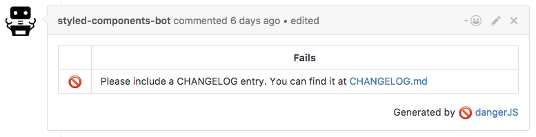Danger commenting on GitHub with the above text